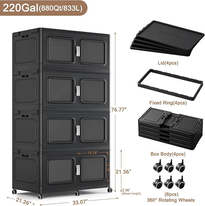 BROVIEW 880 Qt Stackable Storage Bin with Lid, 220Gal Extra Large Collapsible Storage Boxes, Folding Plastic Drawer, Heavy-Duty Store Cabinet, Closet Organizer for Home Kitchen, 4 Pack Black