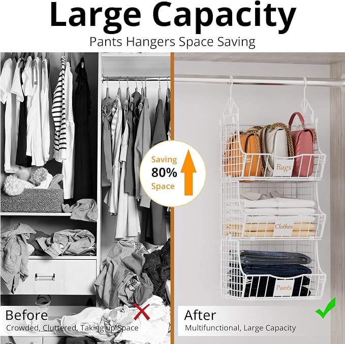Hanging Closet Organizers and Storage, 6 Tier Closet Shelf Clothes Organizer with 2 S-Hooks, Multi-Functional Iron Wire Baskets, for Clothing, Sweaters, Handbags, Hat, Canned