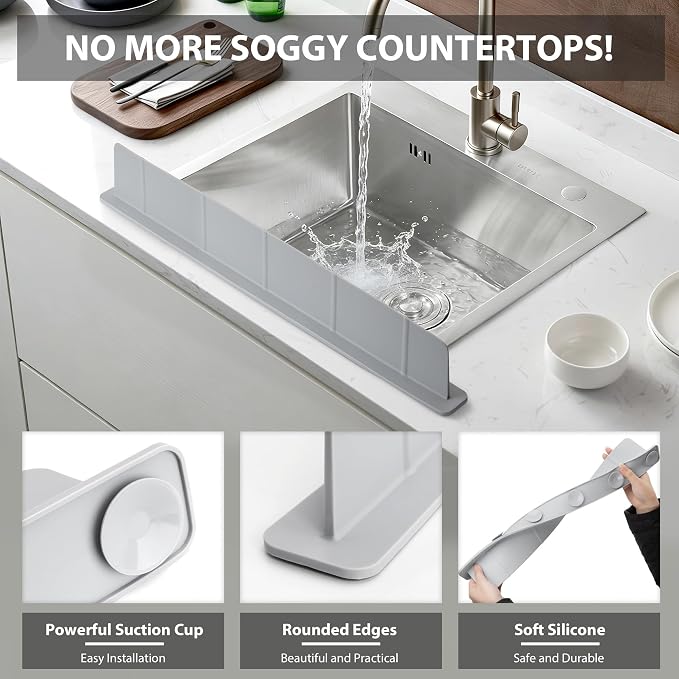 28Inch Silicone Sink Splash Guard with Strong Suction Cups, Flexible Kitchen Sink Splash Guard for Front of Sink, Easy to Clean Splash Guard for Kitchen & Bathroom (Grey, 28''x2.8'')