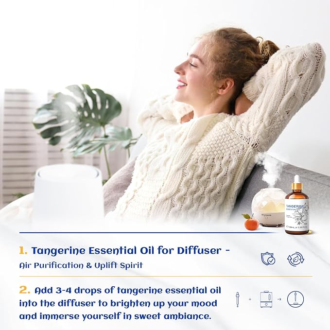 HIQILI Tangerine Essential Oil for Aromatherapy, Skin Care, Diffuser, | Blends with Body Lotion, Shampoos, Diffuser, Ideal for Candle & Soap Making Scent - 100mL / 3.38 fl oz