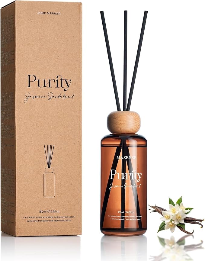 M&SENSE Reed Diffuser, Jasmine Sandalwood, 6.3 oz Natural Essential Oil | Non-Toxic Organic, Long-Lasting Fragrance, Ideal for Living Room, Bedroom, Gifts for Women