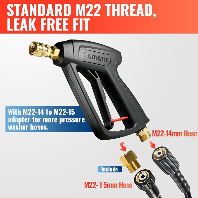 YAMATIC Pressure Washer Gun and 25FT Hose M22-14mm & M22-15mm with Wand | 4000PSI 5 Tips Holder 1/4" QC Outlet for Foam Cannon, Kink Resistant Power Wash Hose, Replacement for Ryobi Simpson Craftsman