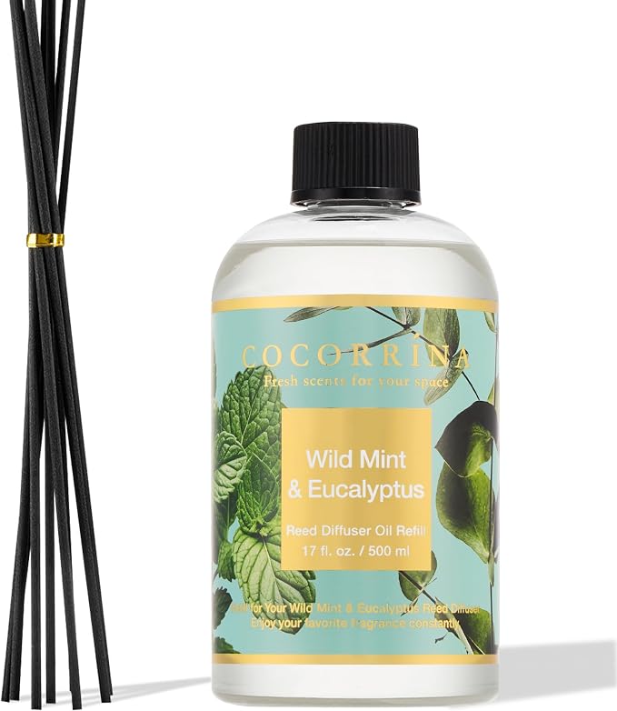 Reed Diffuser Refill Wild Mint & Eucalyptus 17oz (500ml) with 8 Sticks - Premium Long-Lasting Scented Oil, Home Fragrance for Bedroom, Bathroom Home Decor