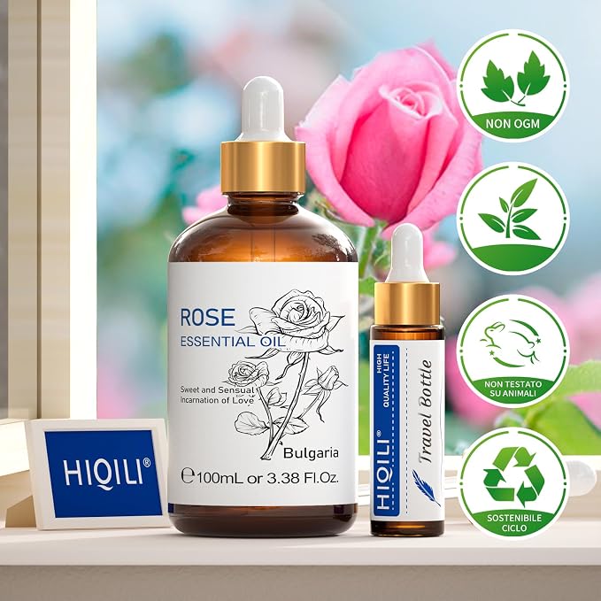 HIQILI Rose Essential Oil for Skin, Diffuser & Candle Making | Calming Floral Aroma for Soap Making, Relaxing Massage, Spa Bath & Home Fragrance – 100mL / 3.38 fl oz