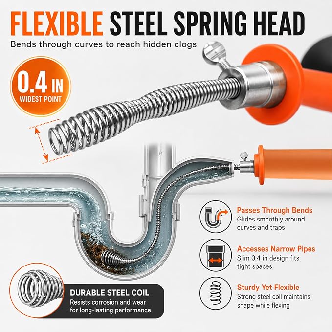 25FT Drain Auger with Drill Adapter, Durable Pipe-Safe Plumbing Snake, Auto-Retract Clog Remover for Kitchen Sink, Bathroom, Shower, Tub, Gloves Included