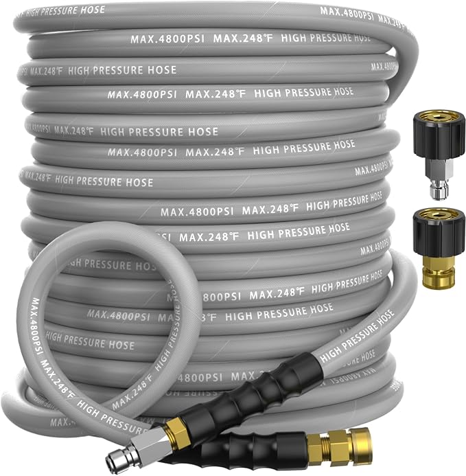 3/8" Pressure Washer Hose 75FT 4800 PSI, Kink Resistant Steel Braided Layer & NonMarking Rubber for Hot/Cold Water, High Power Washer Hose With 3/8 Inch Quick Connect & M22 Fitting, Gray