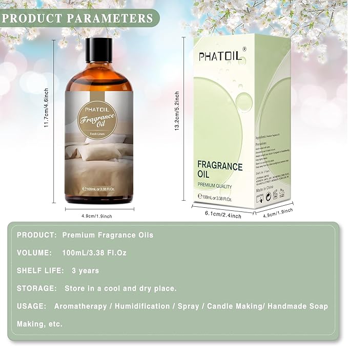 PHATOIL Fresh Linen Fragrance Oil for Diffuser Aromatherapy 3.38FL.OZ | Long Lasting Scented Oils For Humidifier, Air Freshener, DIY Soap Candle, Scent Project Making, Aroma Oil for Home Freshening