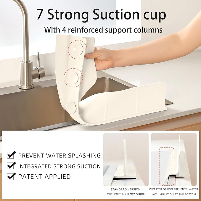23" Ultra Silicone Sink Splash Guard Released in 2025/Dec,Self-Draining Water Splash Guard for Kitchen Sink,Bathroom and Island,with 3.5" High Splash Guard & 7 Strong Suction Cup (Beige)