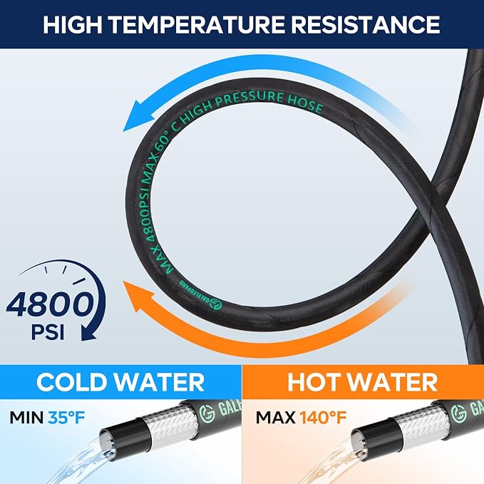 Pressure Washer Hose 50FT 4800PSI with 3/8 Inch Quick Connect, Kink Resistant Industry Grade Steel Wire Braided, Wear Resistant Power Washer Hose with M22 14mm Adapter