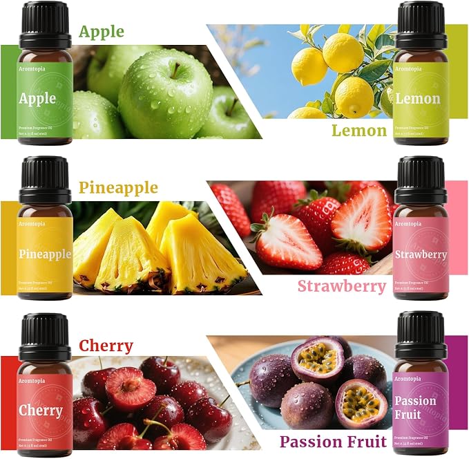 Fruit Fragrance Oils, Aromtopia 6x10ml Fruity Essential Oils for Diffusers for Home, Soap Candle Making Scents, Strawberry, Pineapple, Lemon, Cherry, Passion Fruit, Apple, Fragrance Oil Gift Set