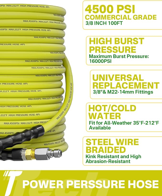 Pressure Washer Hose 100FT 3/8" for Cold and Hot Water 212°F, with Swivel Quick Connect, 4500PSI Kink Resistant Grade Steel Wire Braided, Power Washer Hose With 2pcs M22-14mm Adapter