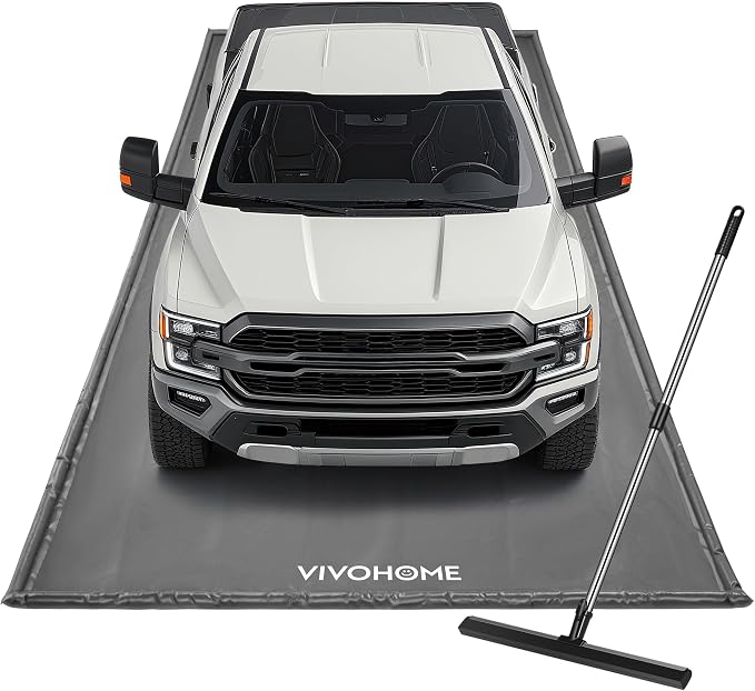 VIVOHOME Containment Mat (8'6" x 20') with Stay Put Corner, Gray | PVC Garage Floor Mats, Heavy Duty Garage Parking Mat with a Squeegee