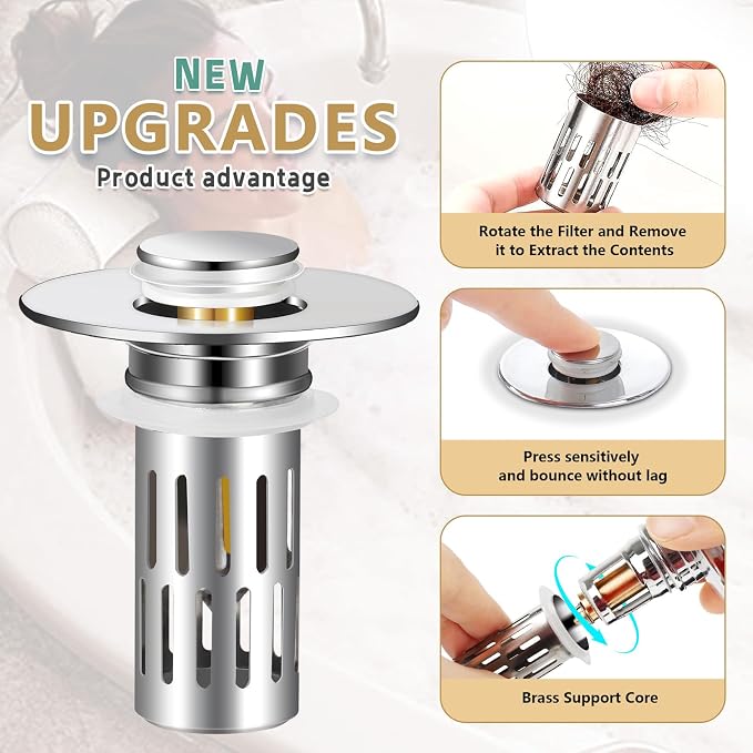2 Pack Bathroom Sink Stopper for 1.06-1.50in (Silver) | Bathroom Sink Drain Pop Up Stopper with Hair Strainer, Universal Drain Filter for US Stainless Steel Floor Drain Filter
