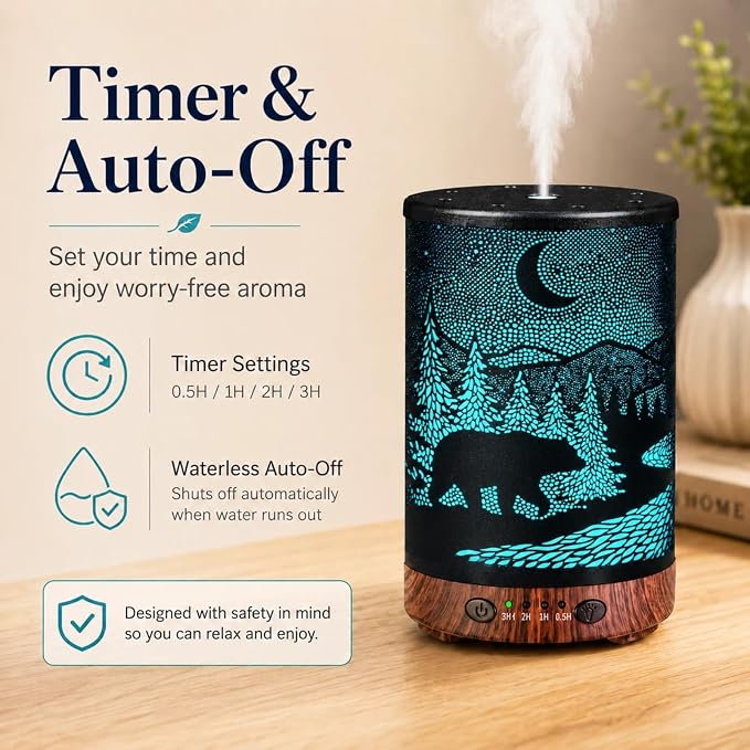 Essential Oil Diffuser 120ML Metal Aromatherapy Diffuser with Timer, Cool Mist Humidifier with Auto Shut-Off & 7 Color Lights for Home Office Spa(Wild Bear)