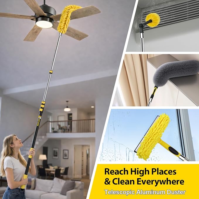 25 Foot High Ceiling Duster Kits with 4.5-18ft Heavy Duty Extension Pole | High Reach Duster for Cleaning, Microfiber Feather Duster, Cobweb Duster, Ceiling Fan Duster, Window Squeegee & Cleaner
