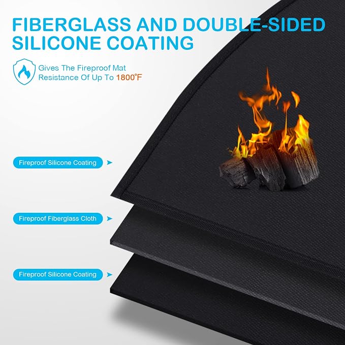 FLASLD Fireproof Fireplace Mat & Hearth Rug 24×42Inch Half Round Hearth Stove Rug Protects Floors, Decks and Patios from Sparks Embers, Black