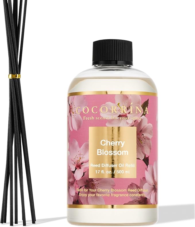 Reed Diffuser Refill Cherry Blossom 17oz (500ml) with 8 Sticks - Premium Long-Lasting Scented Oil, Home Fragrance for Bedroom, Bathroom Home Decor