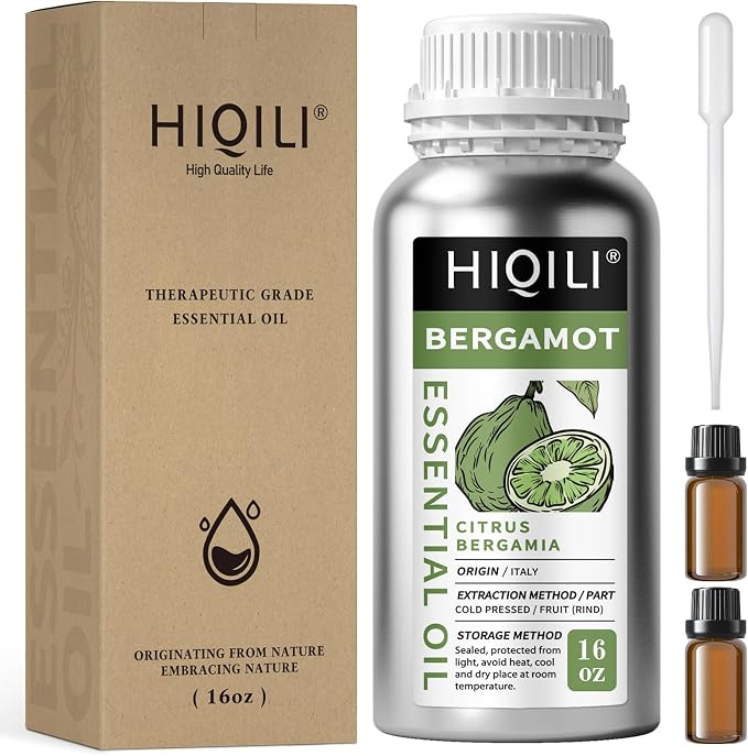 HIQILI Bergamot Essential Oil Large Capacity for Hotel, Beauty Salon, SPA | Creates Soothing & Calming Atmosphere for Home & Office, Calms Your Mind, and Works for Skin, DIY & More -500ml / 16 fl oz