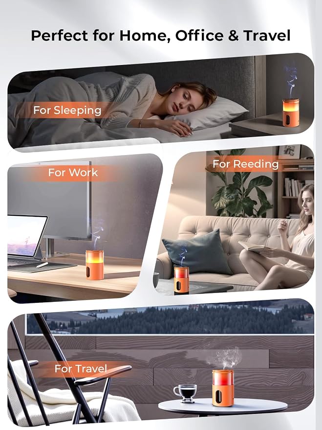 Waterless Essential Oil Diffuser: 𝟗-𝐂𝐨𝐥𝐨𝐫 𝐋𝐄𝐃 Orange | Portable Scent Diffuser - No Water No Heat For Pure Aroma - 48H Battery 3 Mist Levels & 4 Timers for Car Office