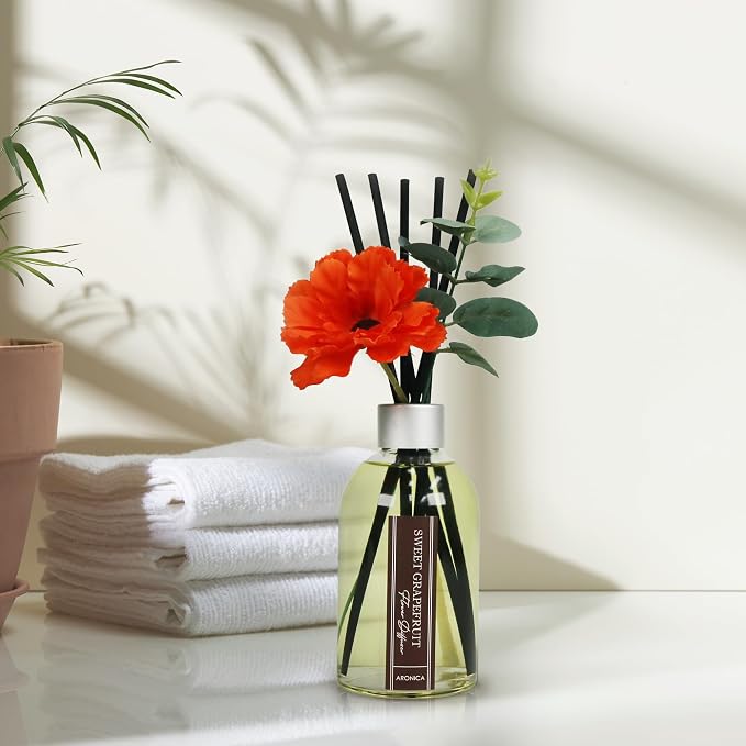 Grapefruit Reed Diffuser, Room Scent Diffuser with Red Flower, Difusor De Varillas, Aesthetic Room Decor, Apartment House Bathroom Essentials, Air Fresheners for Home Long Lasting