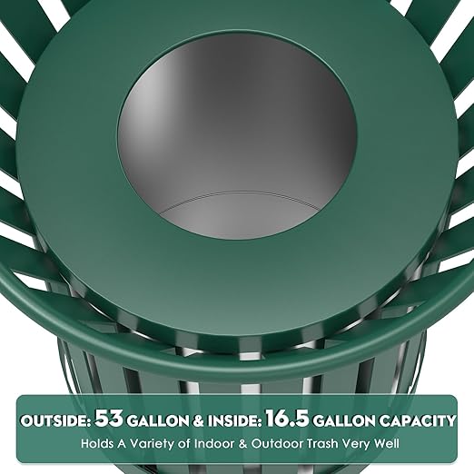 Round Heavy Duty Outdoor Trash Can, Large Metal Slatted Garbage Can for All Weather Resistant, Commercial Garbage Cans, Waste Receptacle in Park, Beach, Patio (Green, Large)