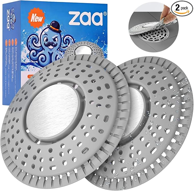 zaa Shower Drain Hair Catcher - Drain Protector & Shower Drain Cover for Regular Floor Drains of Shower Room, Bathroom, Upgraded 2Pack Premium Silicone & 304 Stainless Steel, Gray