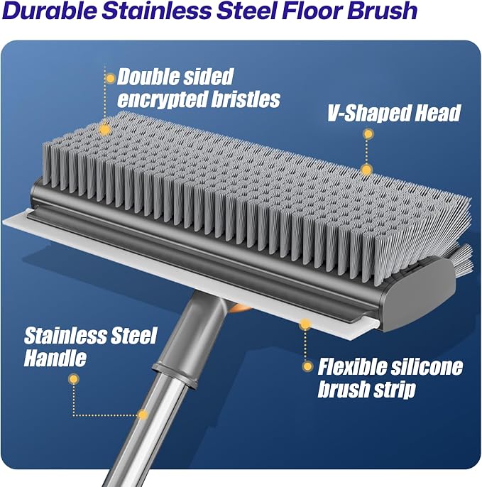 3-in-1 Floor Scrub Brush with Long Handle, Scrape and Heavy-Duty Stiff Bristle Floor Scrubber Brush with Squeegee and Tweezer for Cleaning Tile Kitchen Wall Deck Bathroom Patio Garage
