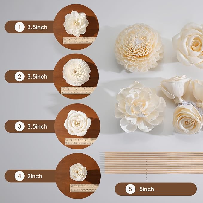 Flower Reed Diffuser Sola Wood Flowers Natural Material Aromatherapy Reed Decorative Aromatherapy Flower Refill Diffuser Reeds, 7Pcs Flower, 7Pcs Rope, 8 Pcs Diffuser Rattan (2-3.5 Inches, White)