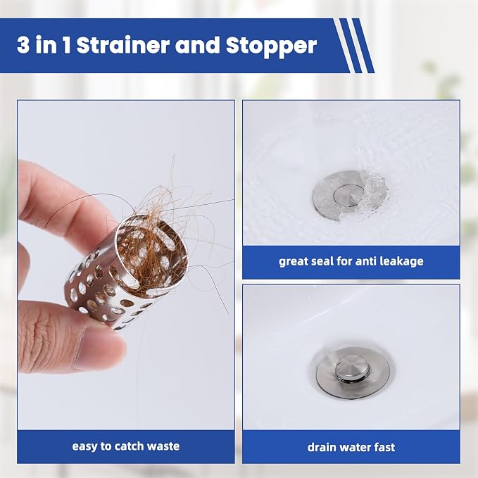 2PCS Universal Bathroom Sink Drain Strainer Hair Catcher, Brushed Nickel | Upgraded with Removable Stainless Steel Filter Basket, 3 in 1 Pop Up Sink Stopper for 1.1''~2.36'' Sink Basin Hole