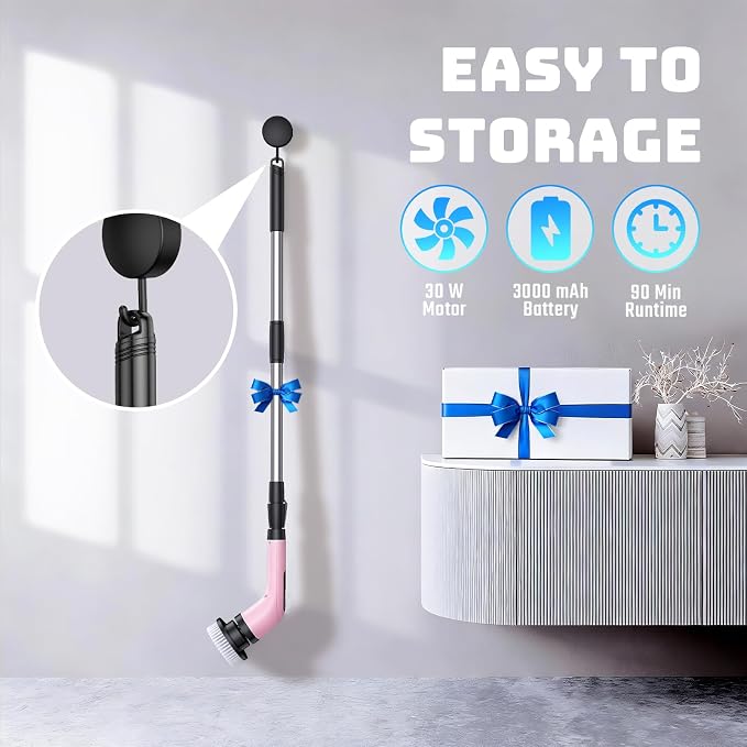 Highyes Electric Spin Scrubber for Bathroom, Upgrated Powerful IPX7 Waterproof Shower Scrubber with Extendable Long Handle A10D (Pink) | IPX7 Waterproof Shower Scrubber with Extendable Long Handle，Bathroom Cleaning Scrubber with 7 Reusable Brush Heads