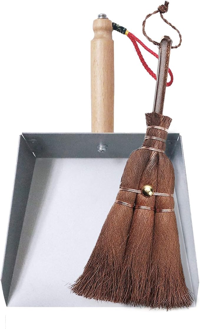 Mini Metal Dustpan and Brush Set for Fireplace Ash Cleanning | Stainless Steel Dust Pan and Hand Broom Palm Fiber Natural Bristles Bench Brush Anti-Static Heat-Safe for Counter Shop Garage