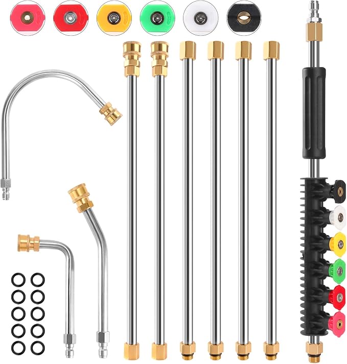 Gutter Cleaning Tools From the Ground, 10 Pack 9 FT Pressure Washer Extension Wand, Power Washer Lance With 6 Pressure Washer Spray Nozzle Tips, 30°, 90°, 120° Gutter Cleaner Curved Rod, 4000 PSI
