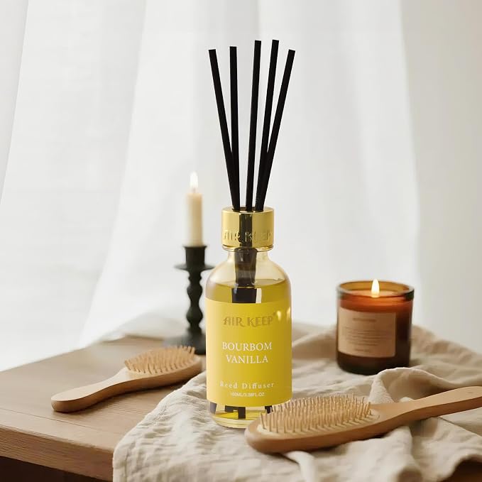 Reed Diffuser Set, 3.38 fl oz (100 ml) - Bourbom Vanilla Oil Diffusers with 8 Reed Sticks, Home Fragrance Reed Diffuser for Bathroom Shelf Decor