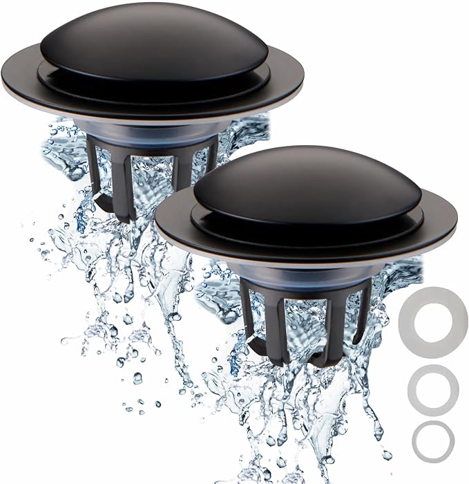 WELSAN Matte Black Bathroom Sink Drain Stopper 1 1/8"-1 1/2" Drain, 2 Pack | Bathroom Sink Stopper Replacement, Universal Pop-Up Drain Stopper Plug Strainer with Hair Catcher, Anti-Clogging Design