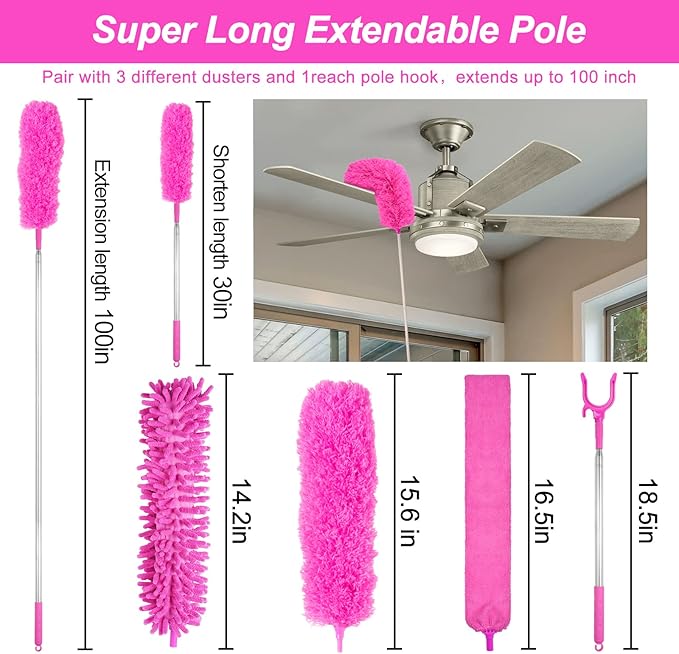 CALBEAU Microfiber Dusters for Cleaning, Dusters with Extension Pole | 15 PCS Feather Duster Kit for Ceiling Fan, Blinds, Cars, Furniture, High Walls; Pink Cleaning Tools, Gift for Women