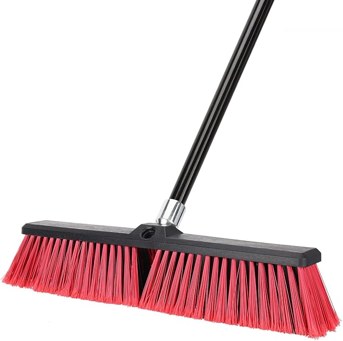 18 inches Push Broom Outdoor Garden Broom with 63" Long Handle for Deck Driveway Garage Yard Patio Concrete Floor Cleaning(Red)