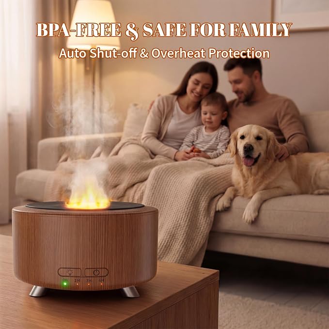 500ML Retro Vinyl Essential Oil Diffuser for Home | 3D flame effect & 9 colors. 500ml tank lasts 14H for deep sleep. BPA-free with auto-off ensures safety for babies and pets.