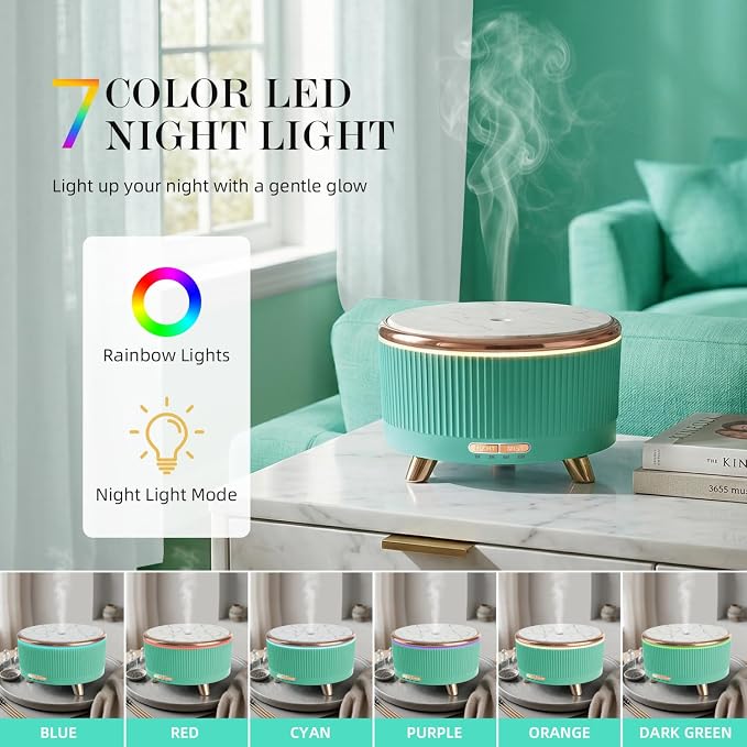 500ml Essential Oil Diffuser, Ultrasonic Aromatherapy Humidifier | with Remote Control, 7-Color LED Light, Timer & Auto Shut-Off, Cool Mist Diffuser for Home, Bedroom, Office (Emerald)