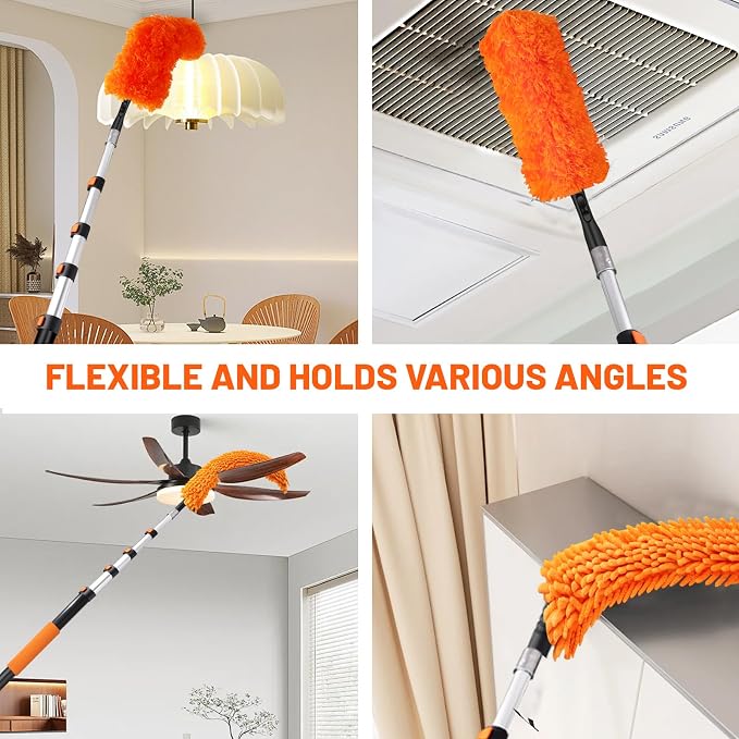 30ft High Reach Duster Kit with Extendable Pole,High Ceiling Duster Kit | Includes–Ceiling Fan Blade Cleaner, Cobweb Remover, Bendable Duster, Microfiber Glass Scrubber&Squeegee(Extension pole:5-24ft