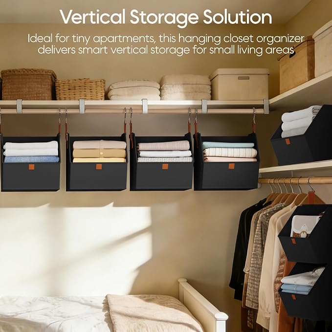 Homsorout Collapsible Hanging Closet Organizer - 3 Tier Closet Shelves Storage System with Hooks, Fabric Hanging Storage Bins for Clothes, Foldable Storage Basket for Laundry, Bedroom, Rv, Black