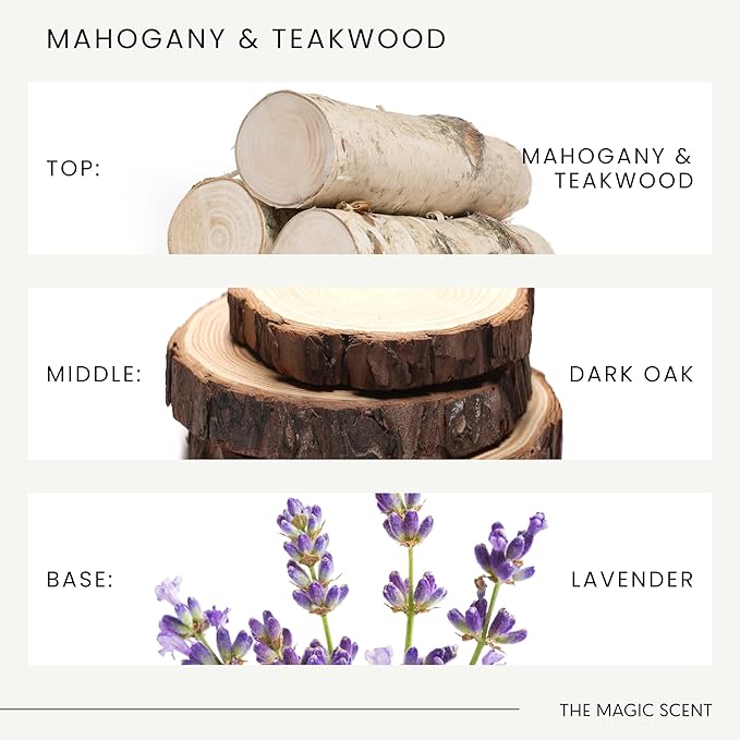 The Magic Scent Mahogany & Teakwood Oil Reed Diffuser Set, 3.4 Fl Oz | Premium Fiber Reeds for Gentle Dispersal. Lasting for Up to 2 Months. Natural, Non toxic Reed Diffusers for Home.