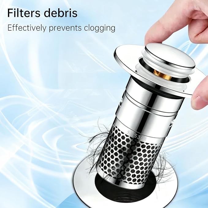 3 Pack Bathroom Sink Drain Strainer, Pop Up Stopper with Hair Catcher | Fits 1.5"-2.3" Drain Holes, Stainless Steel Basket, Brass Core, Tool-Free Installation