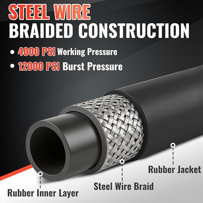 YAMATIC 5/16" Pressure Washer Hose 50FT, 4000 PSI Steel Wire Braided with 360 Swivel 3/8" Quick Connect, Hot Water 212°F Commercial Power Washer Hose for Simpson DeWalt Generac Troy-Bilt