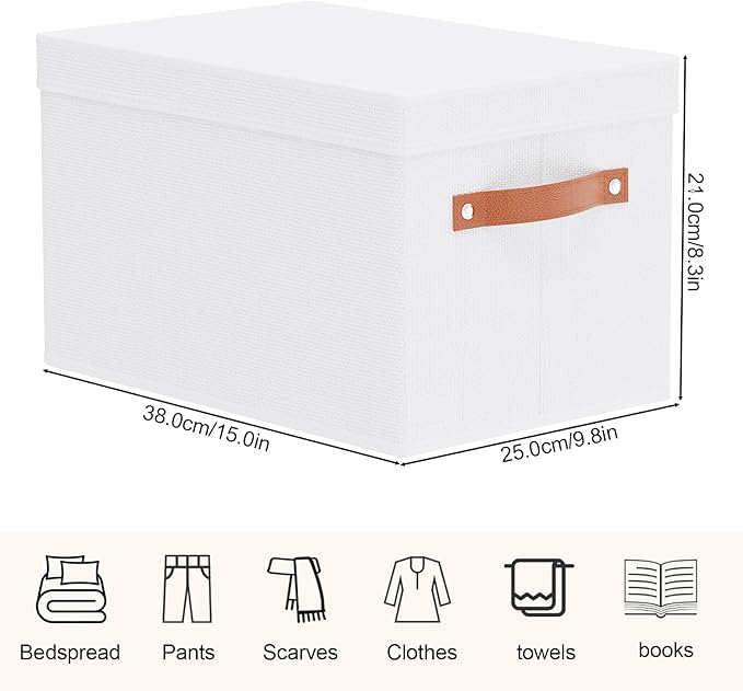 Fabric Storage Bins, Clothes Boxes for Shelves with Lids, Baskets for Organizing with Handles, Decorative Linen Closet Organizers, White, 3 Pack, 15 x 9.8 x 8.3 Inch