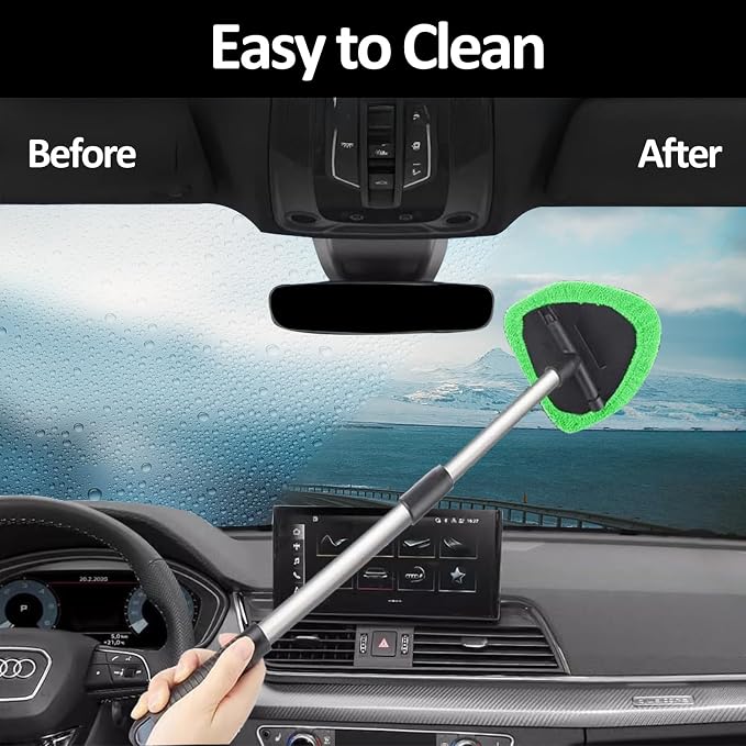 Car Windshield Cleaning Tools, Expandable Car Window Cleaner kit with 4 Reusable Microfiber Pads, Bottles, Windshield Cleaning Wand Tool, Auto Interior Dust Brush, for Trucks, SUVs, RVs etc