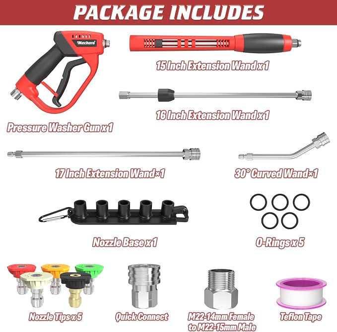 Pressure Washer Gun 5000PSI with Extension Wands，64 Inch | Pressure Washer Accessories with 1/4" Quick Connect Outlet, Car Wash Gun with 5 Nozzle Tips and M22-14mm to M22-15mm Adapters
