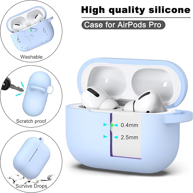 R-fun for AirPods Pro 2 Case, Soft Silicone Protective Cover with Keychain and Cleaning Pen, Compatible with AirPods Pro 2nd/1st Generation, Supports Wireless Charging, Sky Blue