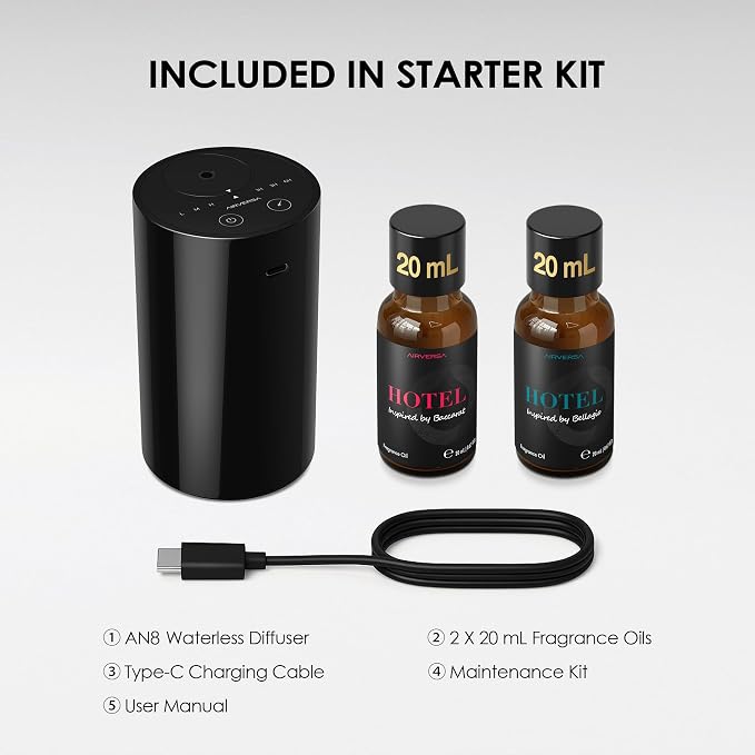 Airversa AN8 Waterless Essential Oil Diffuser Starter Kit, Black | 2X20 mL BLG+BCR Hotel Scent Fragrance Oil, Up to 600 sq ft, Battery Operated, Portable for Home Car Office, AN8Kit-2x20-B