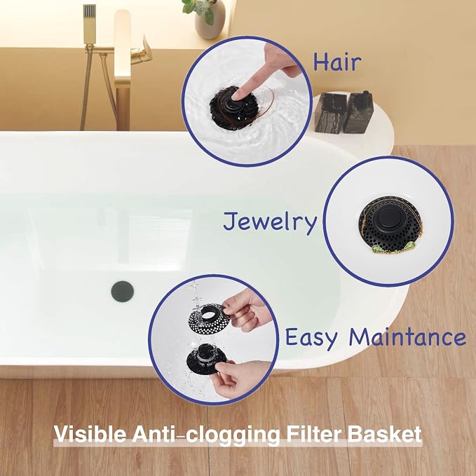 Bathtub Drain Stopper with Removable Hair Catcher, 3-in-1 Pop-up Drain Plug Fits 1.38 to 1.8 Inch Holes, Upgrade Shower Drain Cover with Stainless Steel Filter