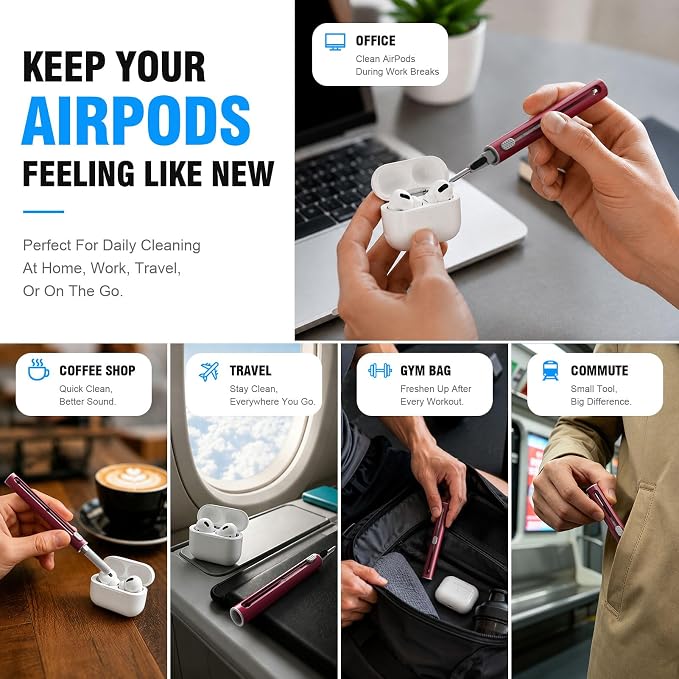 Hyashee Cleaner Kit for Airpods Pro 1 2 3 Multi-Function Cleaning Pen with Soft Brush Flocking Sponge for Bluetooth Earphones Case Cleaning Tools (Red)